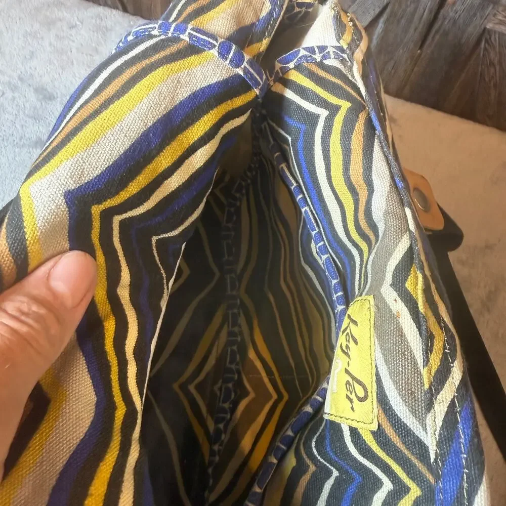 Fossil Abstract Print Canvas Tote Bag Black Cream Blue Yellow Shoulder Purse